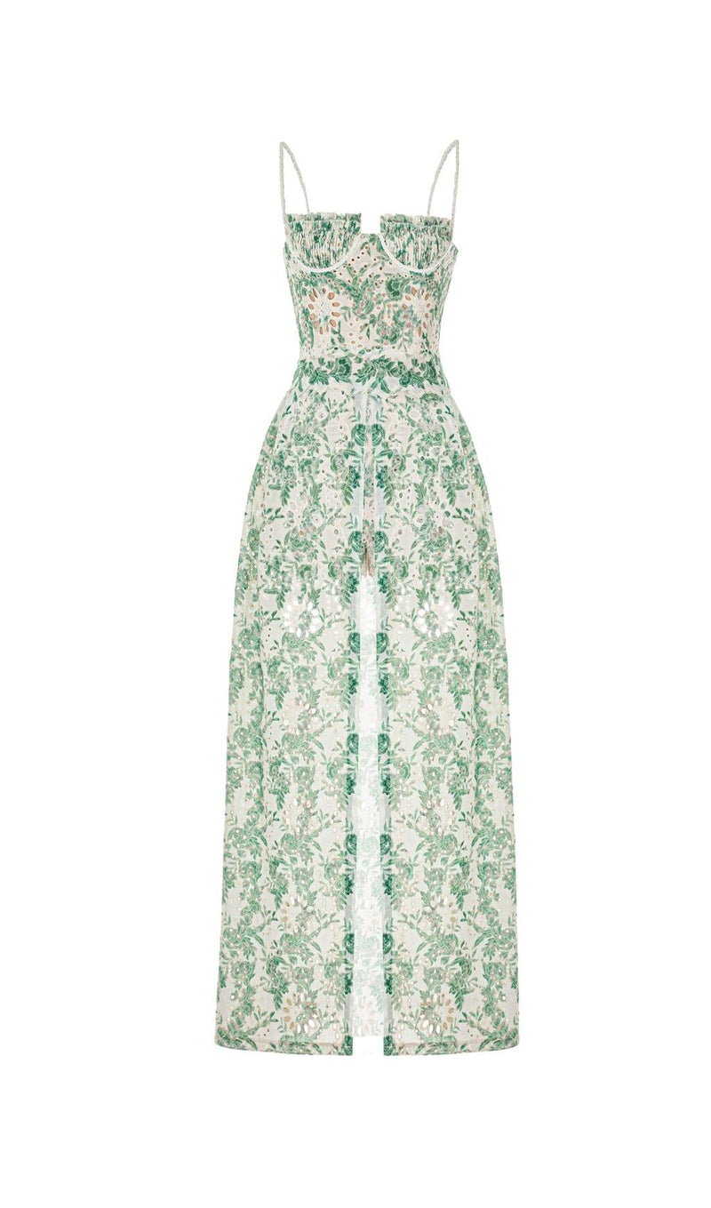 FLORAL THIGH SLIT MIDI DRESS IN GREEN