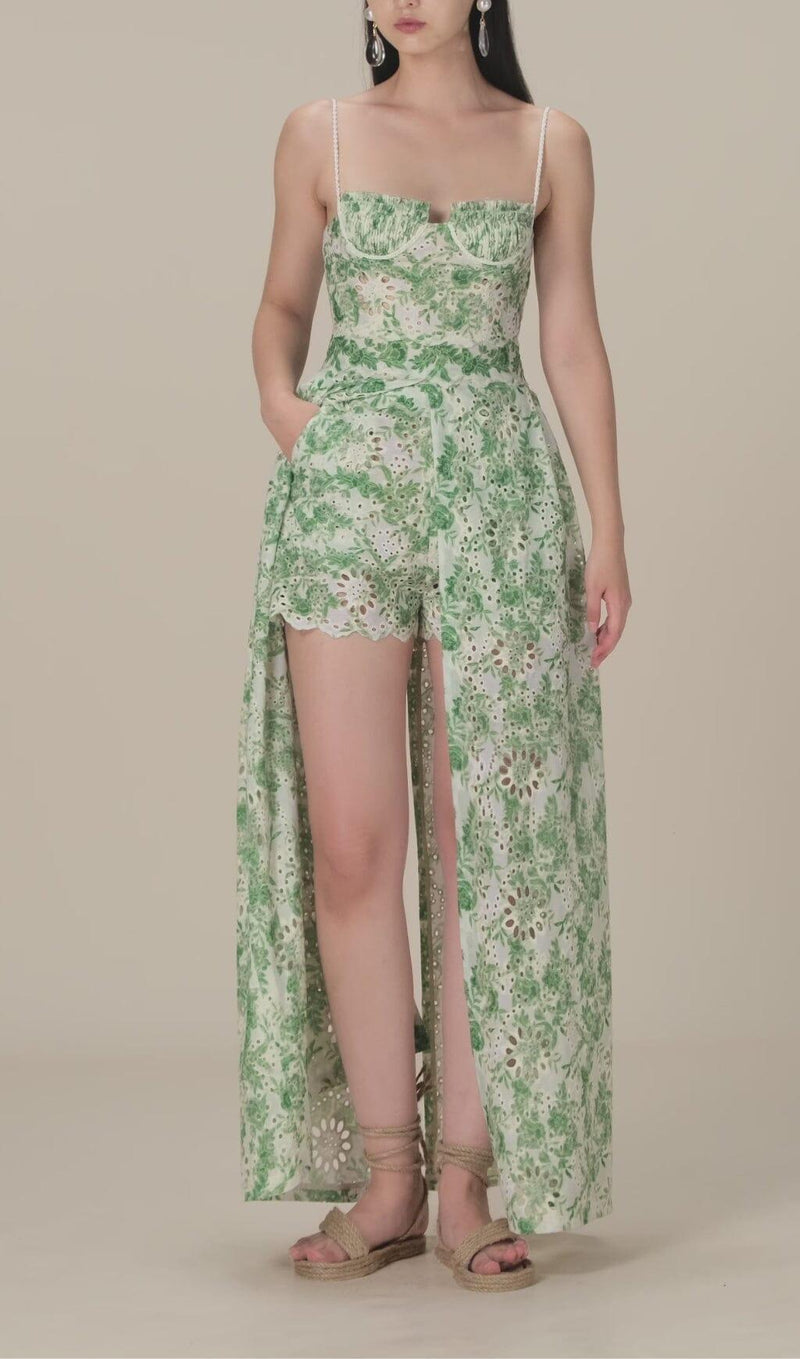 FLORAL THIGH SLIT MIDI DRESS IN GREEN