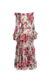 FLORAL TIERED MIDI DRESS IN PINK