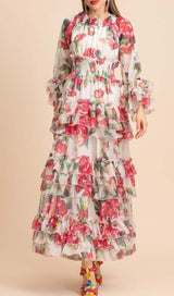 FLORAL TIERED MIDI DRESS IN PINK