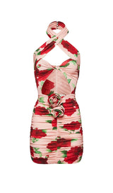 FLORAL- PRINT HALTER MINI DRESS IN CHERRY BLOSSOM