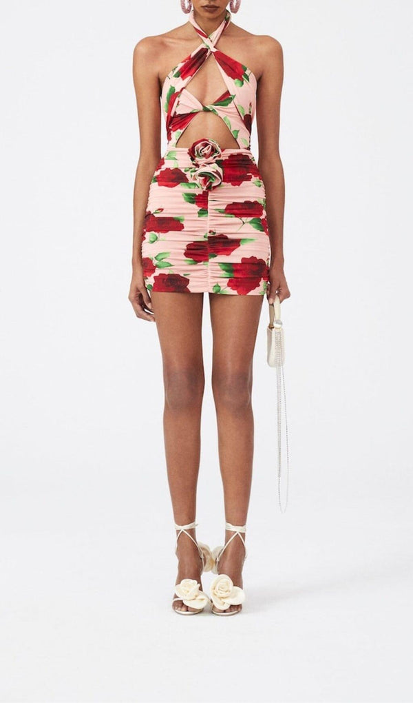 FLORAL- PRINT HALTER MINI DRESS IN CHERRY BLOSSOM