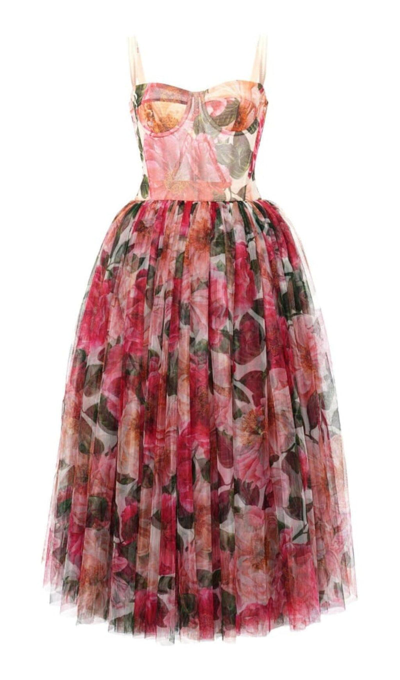 FLORAL-PRINT CORSET MIDI DRESS IN PINK