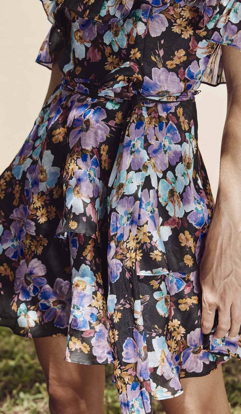 FLORAL-PRINT OFF-SHOULDER MINI DRESS IN PURPLE