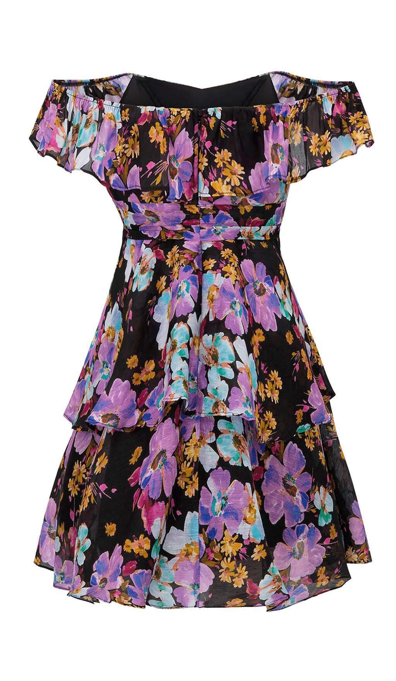 FLORAL-PRINT OFF-SHOULDER MINI DRESS IN PURPLE