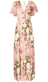 FLORAL-PRINT V NECK MAXI DRESS IN PINK