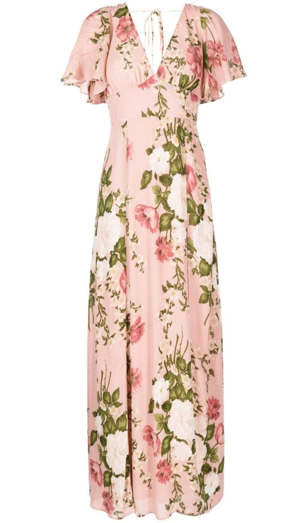 FLORAL-PRINT V NECK MAXI DRESS IN PINK