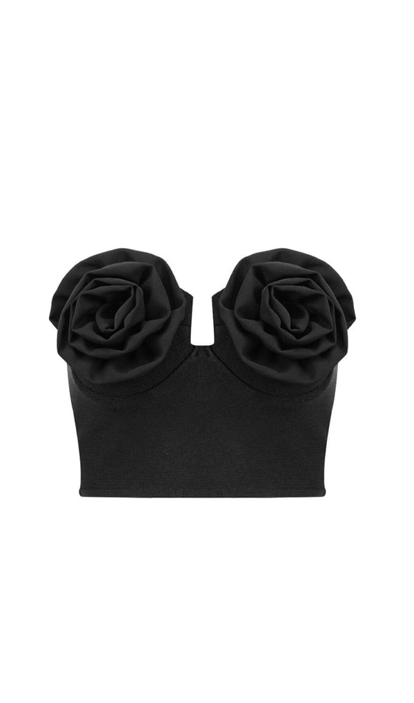 FLOWER APPLIQUE BUSTIER-STYLE TOP IN BLACK