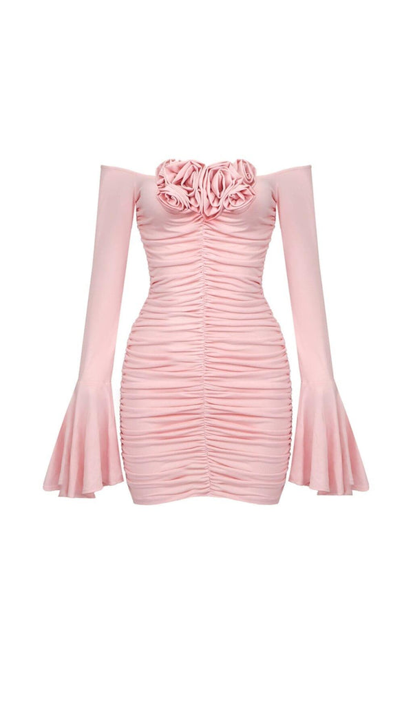 FLOWER-EMBELLISHED RUCHED MINI DRESS IN COTTON CANDY