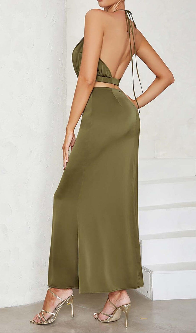 HALTER SATIN MIDI DRESS IN DARK FOREST