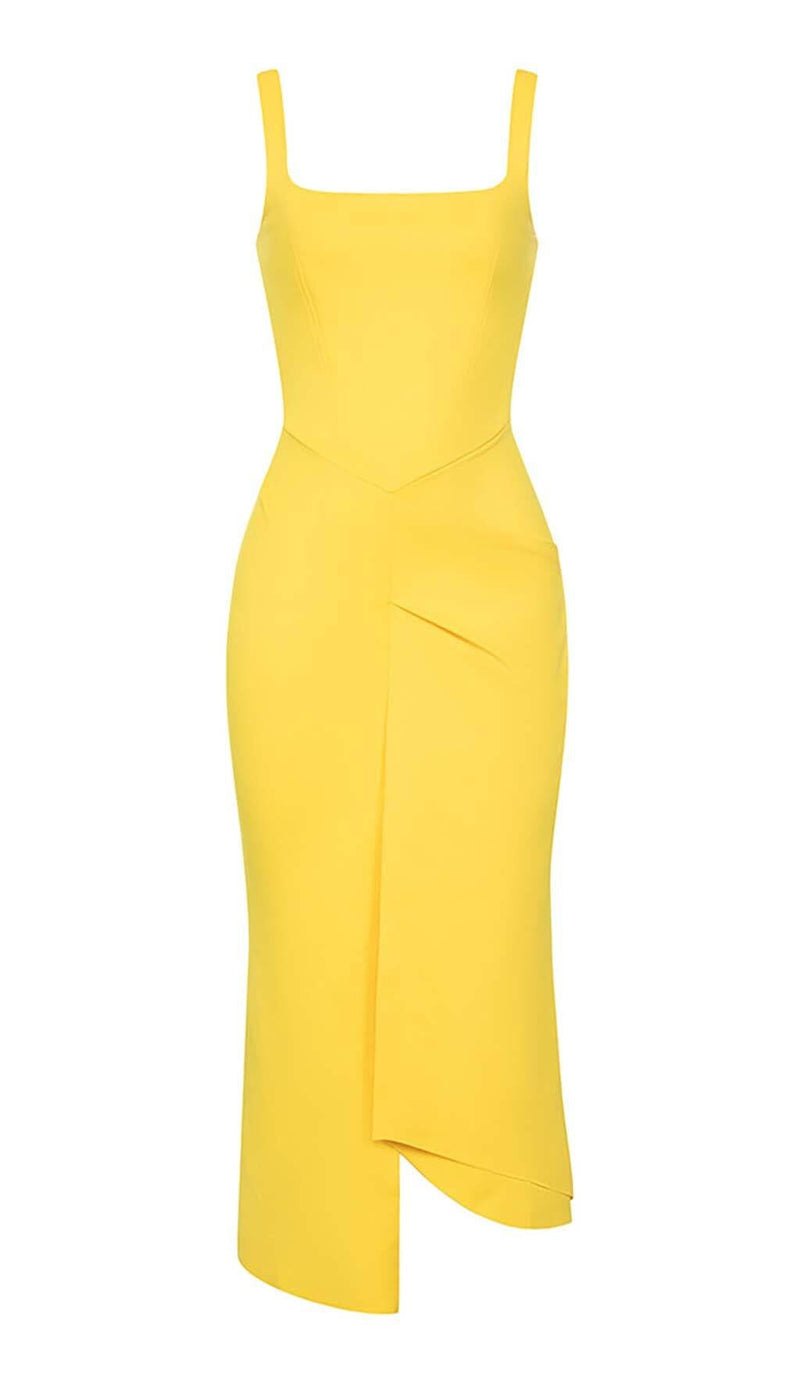 HIP WRAP BANDAGE MIDI DRESS IN YELLOW