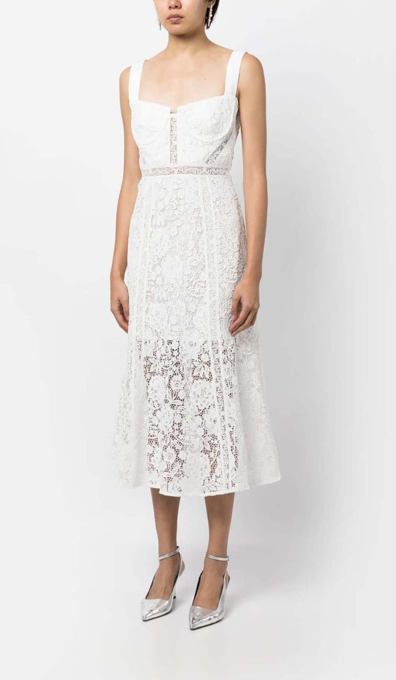 LACE DETAIL STRAPPY MIDI DRESS IN WHITE