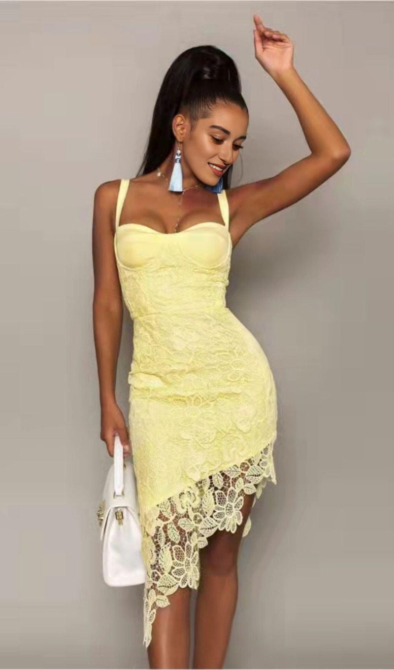 LEMON YELLOW LACE SHEATH DRESS