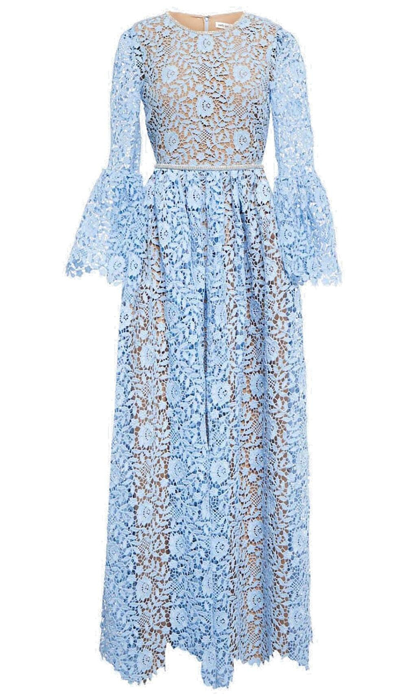 LONG SLEEVE ROSE LACE MAXI DRESS IN BLUE