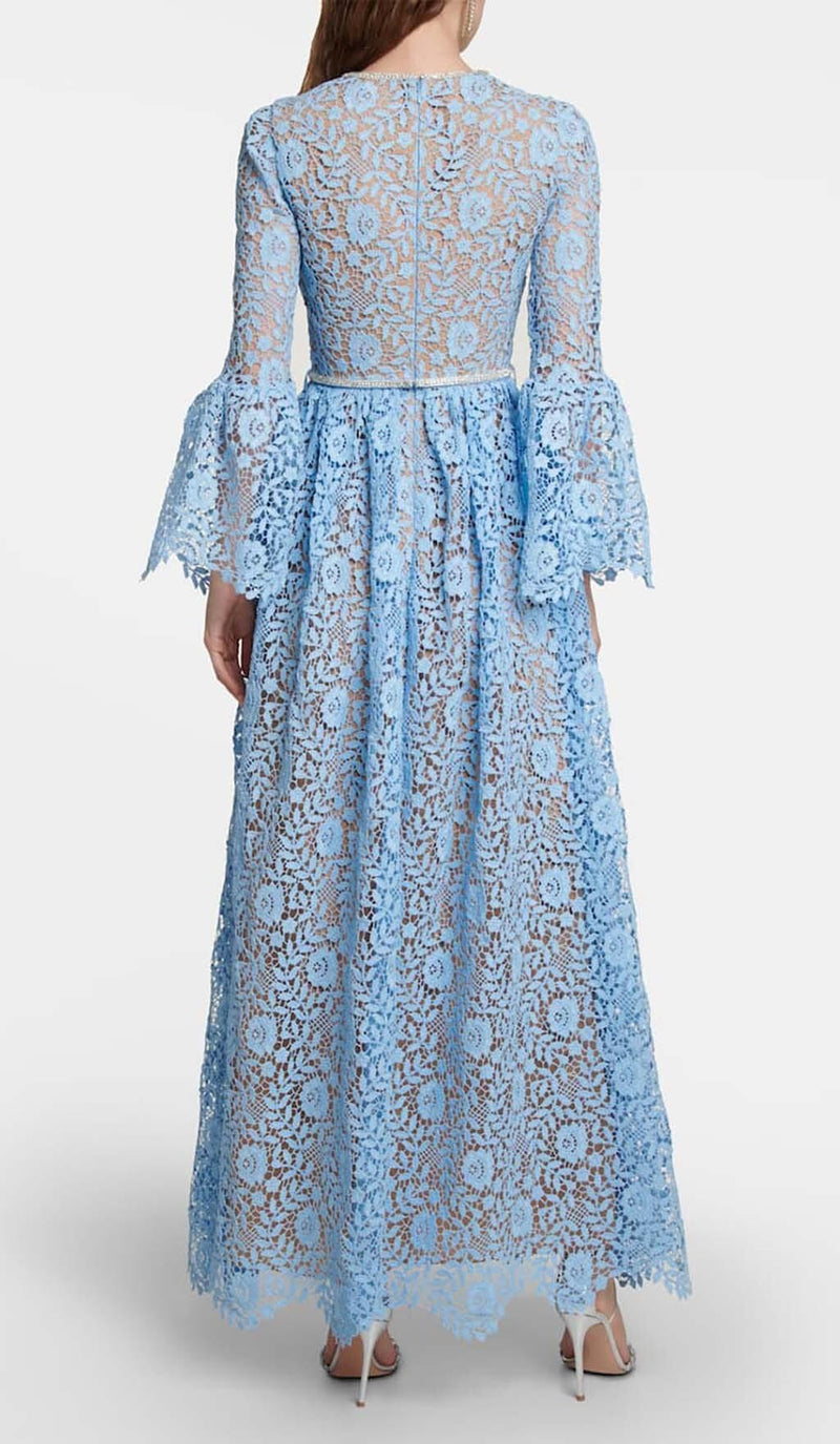 LONG SLEEVE ROSE LACE MAXI DRESS IN BLUE