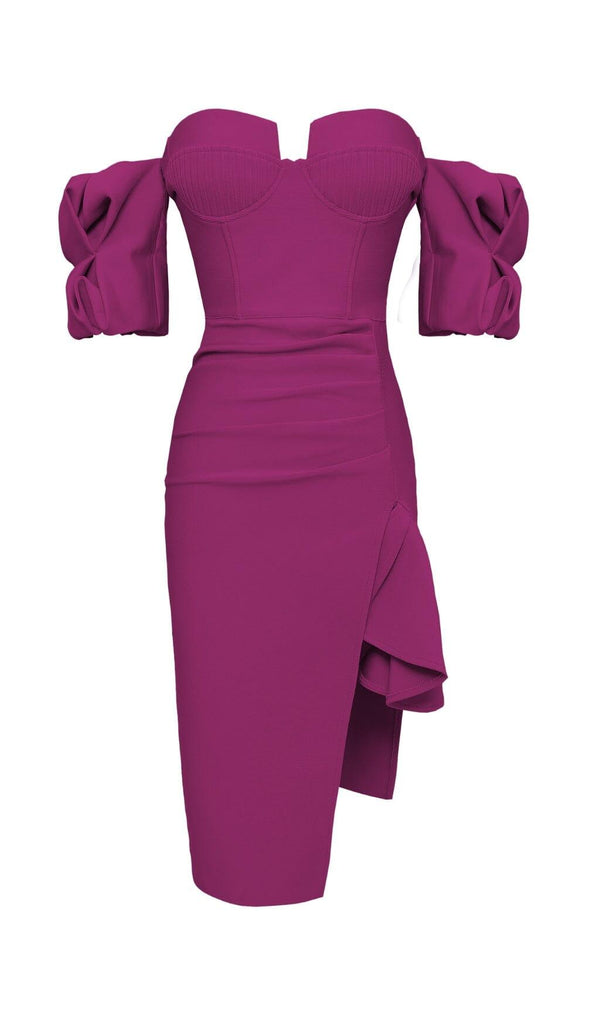 STRAPLESS DRAPED SLEEVE SLITS BANDAGE DRESS IN ROSE RED