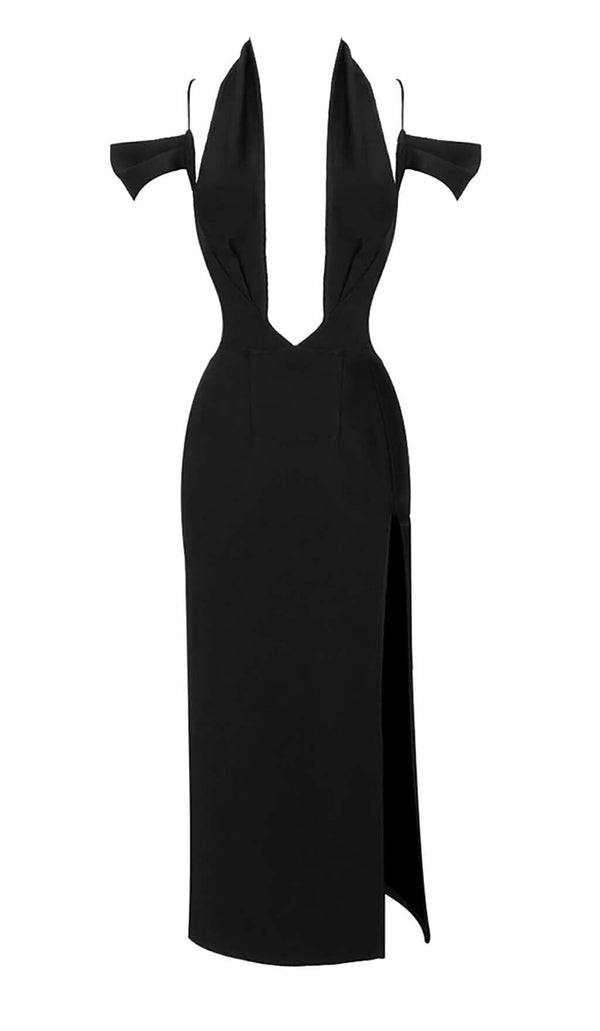 OFF THE SHOULDER HALTER MIDI DRESS IN BLACK