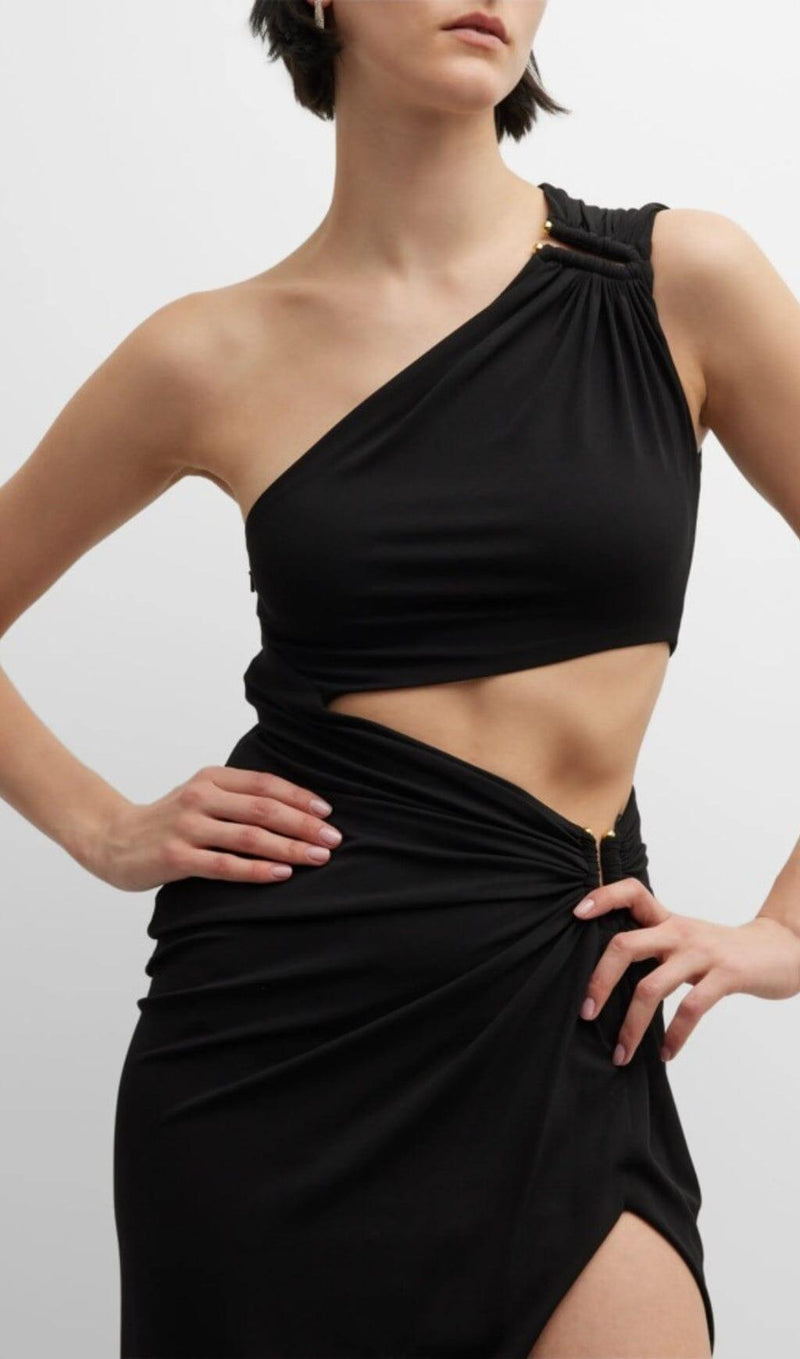 ONE SHOULDER CUTOUT MIDI DRESS IN BLACK