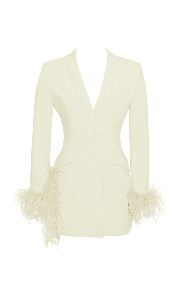 PEARL WHITE FEATHER TRIM BLAZER DRESS