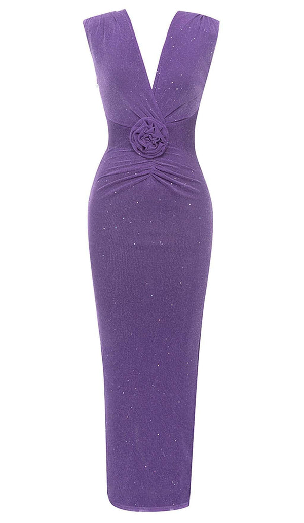 PLUNGE GLITTER BANDAGE MIDI DRESS IN AMETHYST