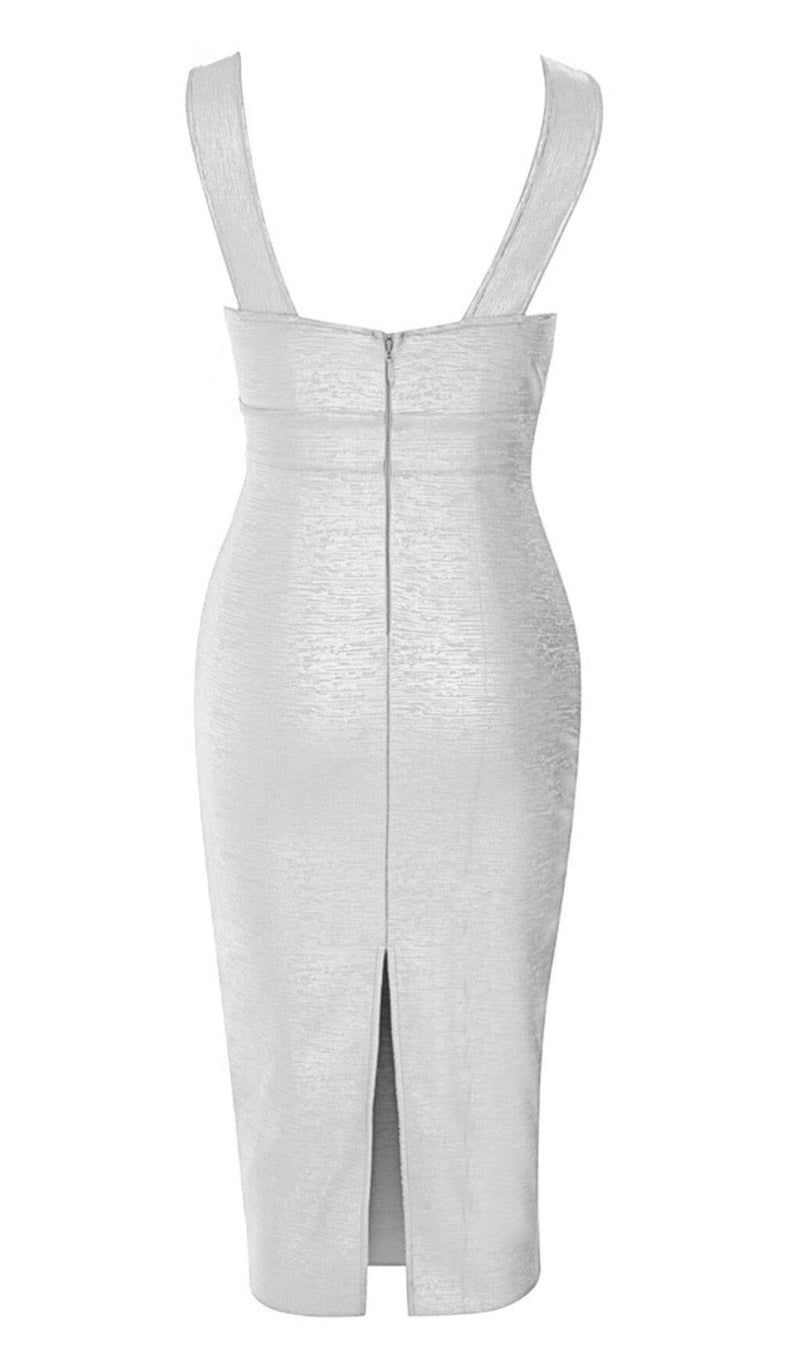 PLUNGE MESH BANDAGE MIDI DRESS IN SLIVER