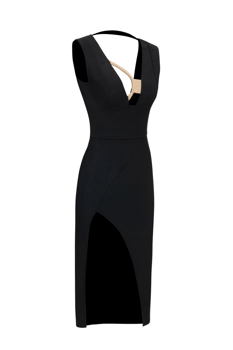 PLUNGE V-NECK MIDI DRESS IN BLACK