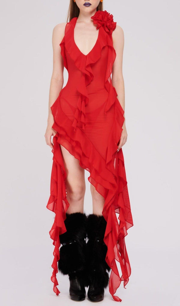 PLUNGING NECKLINE RUFFLE DRESS IN RED