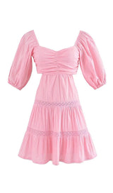 PUFF SLEEVE LACE MINI DRESS IN PINK