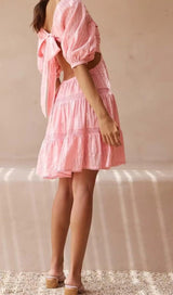 PUFF SLEEVE LACE MINI DRESS IN PINK