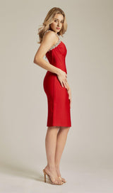 RED CRYSTAL STRAPS CROSET DRESS