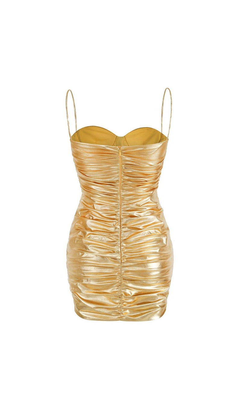 RUCHED STRAPPY MINI DRESS IN GOLD