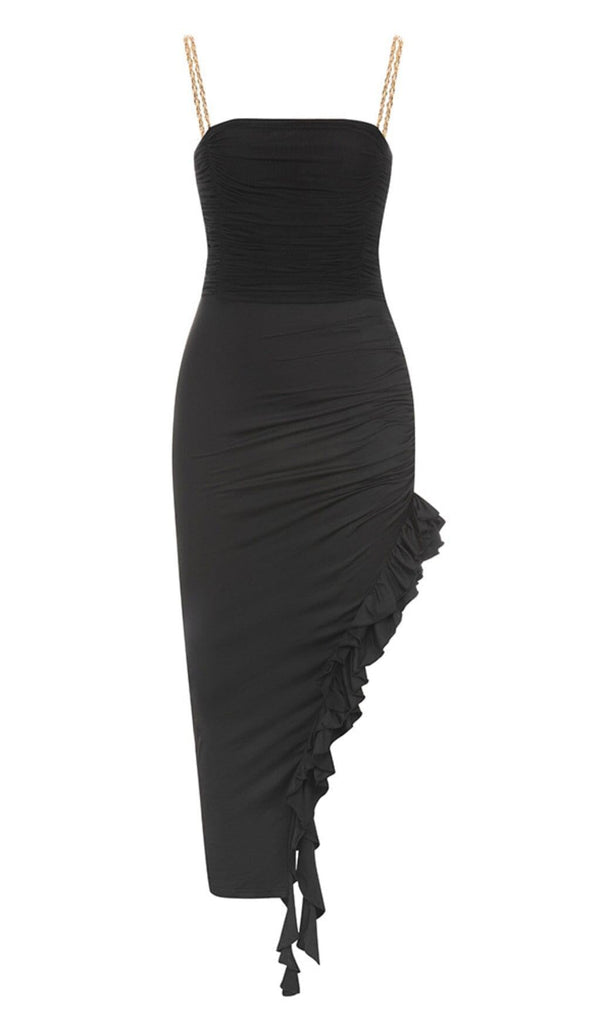 RUFFLE HIGH-LOW DRESS IN BLACK