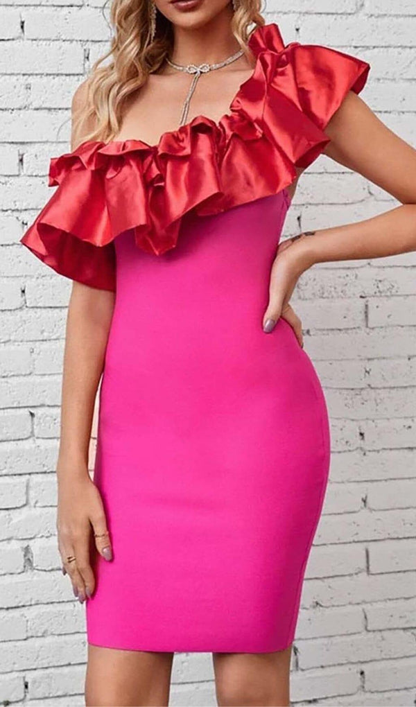 RUFFLE ONE SHOULDER MINI BODYCON DRESS IN RED