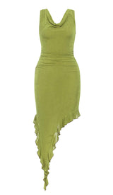 RUFFLE SLIT MIDI DRESS IN DARK CHARTREUSE