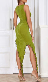 RUFFLE SLIT MIDI DRESS IN DARK CHARTREUSE