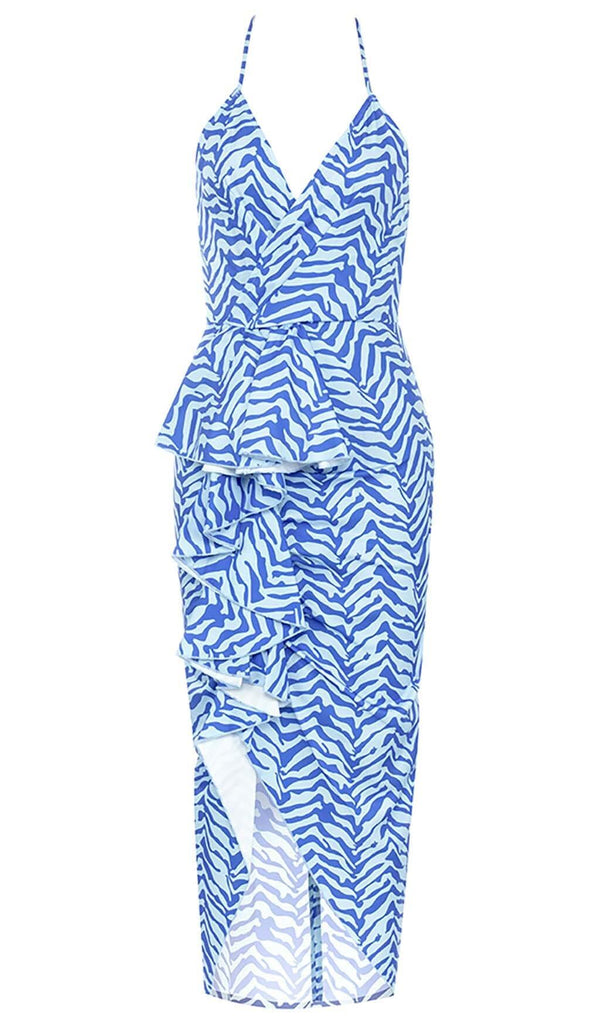 RUFFLE STRIPES MIDI DRESS IN BLUE