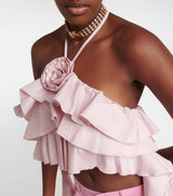 RUFFLE-DETAIL HALTER CROP TOP IN PINK