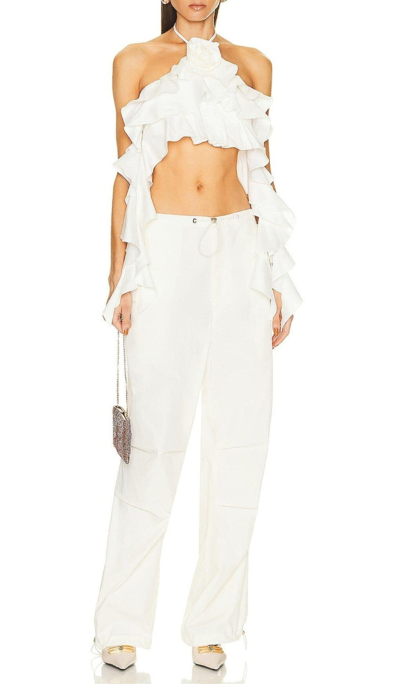 RUFFLE-DETAIL HALTER CROP TOP IN WHITE