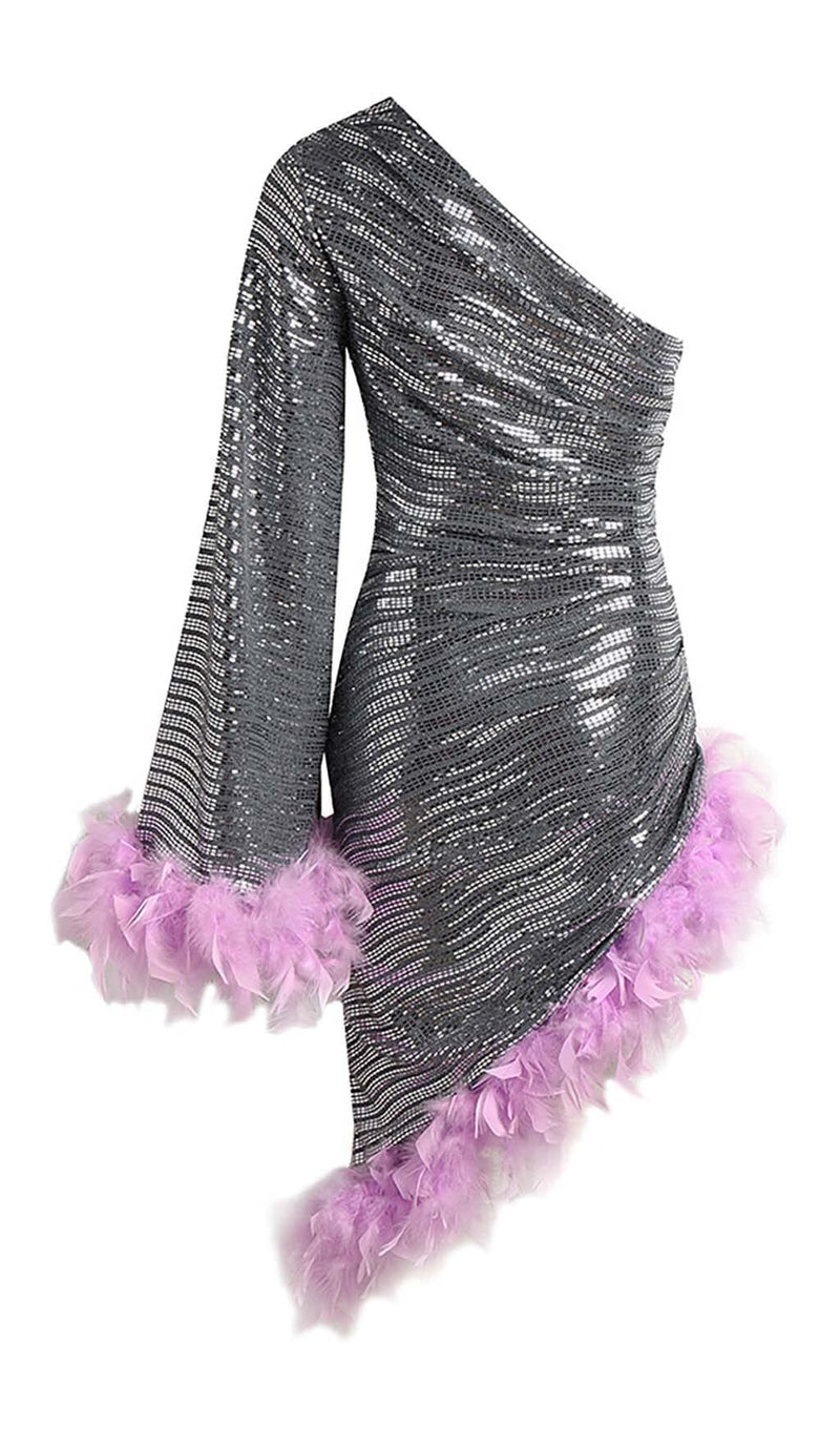 SEQUIN FEATHER HIGH-LOW DRESS IN SLIVER