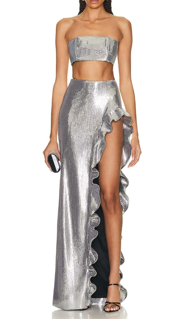 SEQUINED BANDEAU TWO-PIECE SUIT IN SLIVER