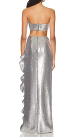 SEQUINED BANDEAU TWO-PIECE SUIT IN SLIVER