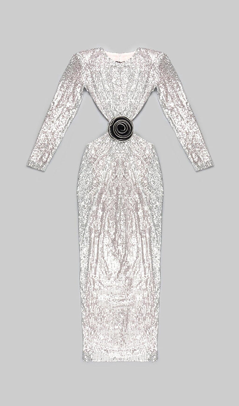 SEQUINN CUTOUT MAXI DRESS IN METALLIC