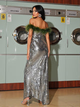 Ephrodite Off Shoulder Sequin Feather Maxi Dress