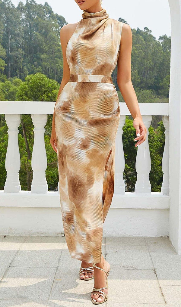 SPOT-PRINT THIGH SLIT MIDI DRESS IN COFFEE BEANS