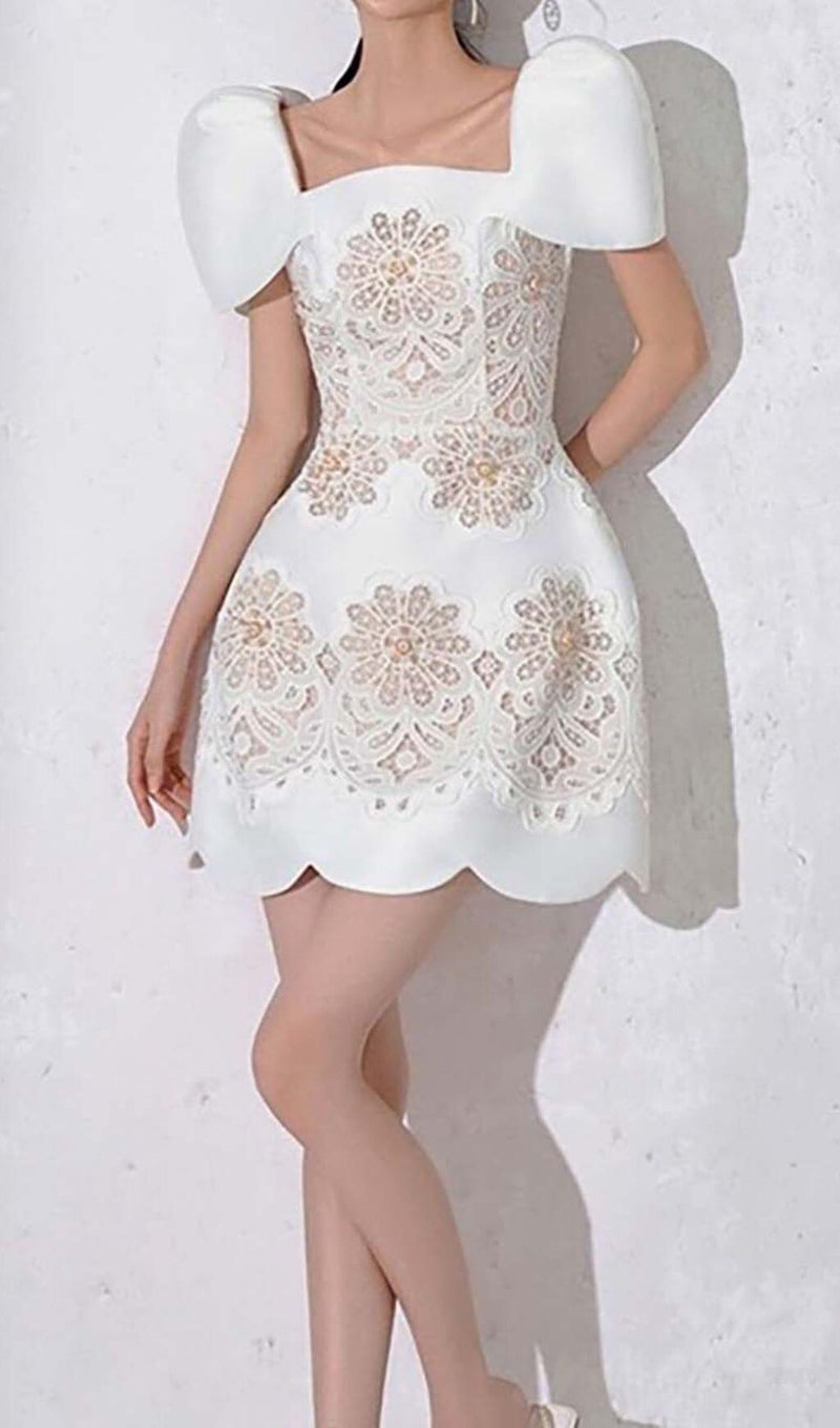 SQUARE COLLAR EMBROIDERED LACE MINI DRESS IN WHITE