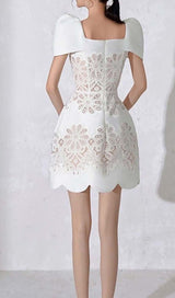 SQUARE COLLAR EMBROIDERED LACE MINI DRESS IN WHITE