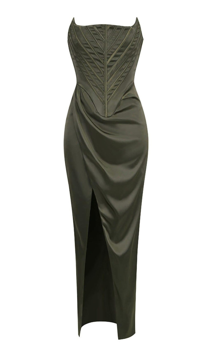 STRAPLESS SATIN SPLIT MAXI DRESS