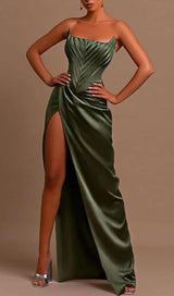 STRAPLESS SATIN SPLIT MAXI DRESS