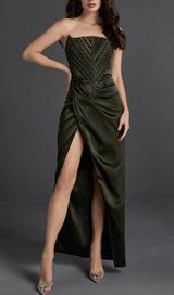 STRAPLESS SATIN SPLIT MAXI DRESS