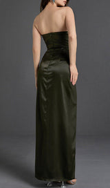 STRAPLESS SATIN SPLIT MAXI DRESS